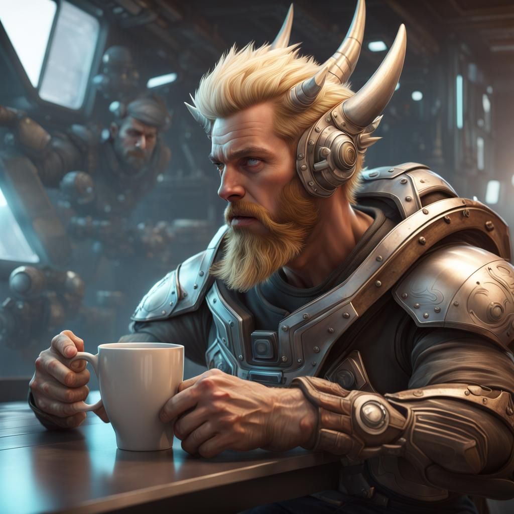 Viking and Alien Coffee Break: Hyperdetailed Portrait