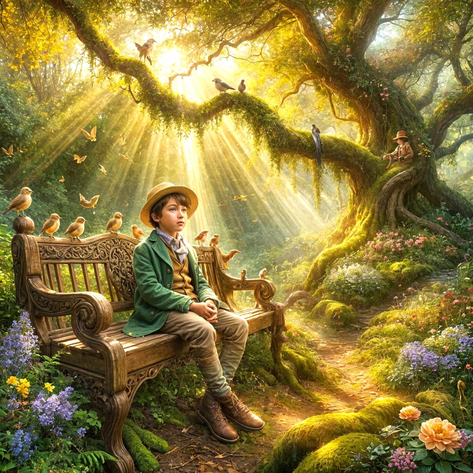 Young Boy in Vintage Attire Enjoys Enchanted Woodland Scene