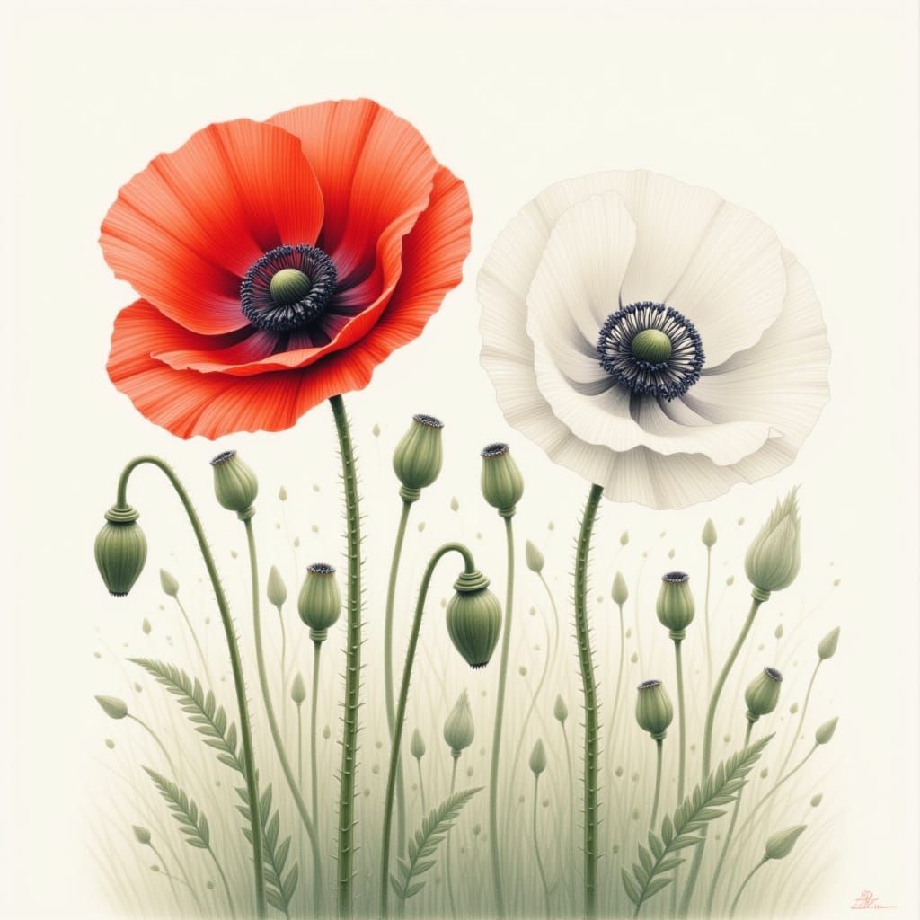 Poppy Flowers in Colored Pencil Style