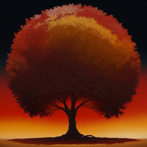 Surreal Acacia Tree with Red Leaves in Oil