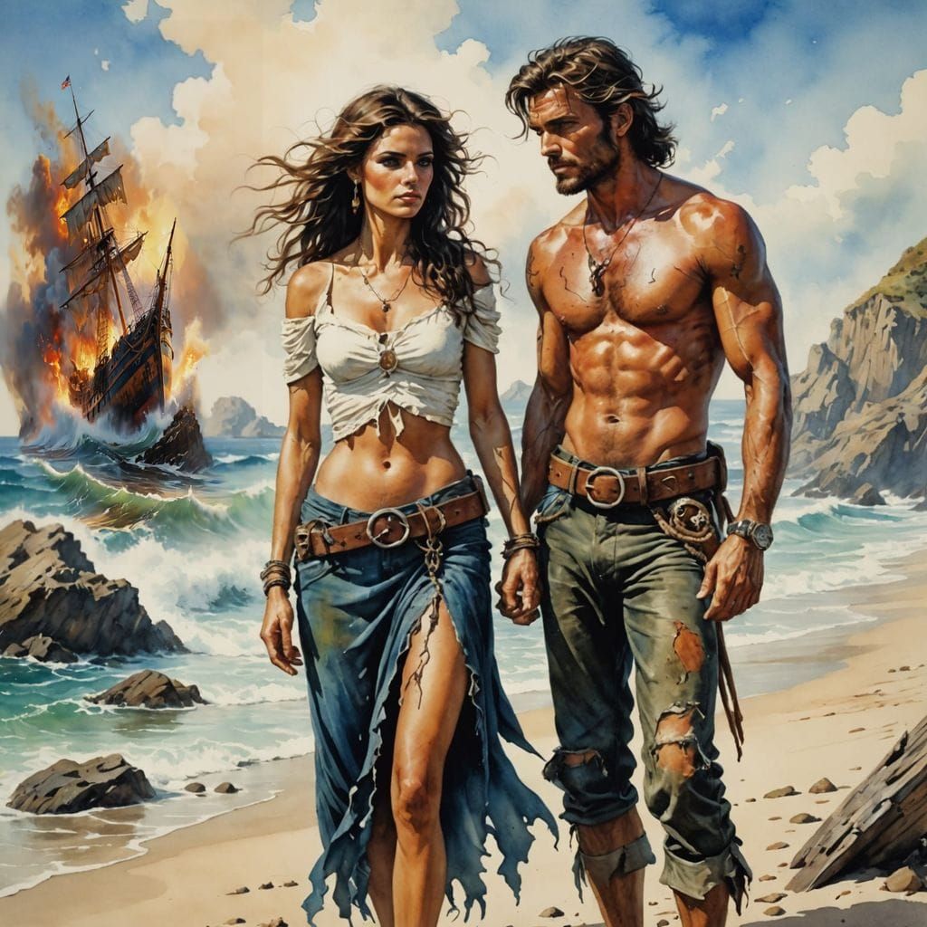 Fantasy Seascape with Ruined Ship in Fiery Embers