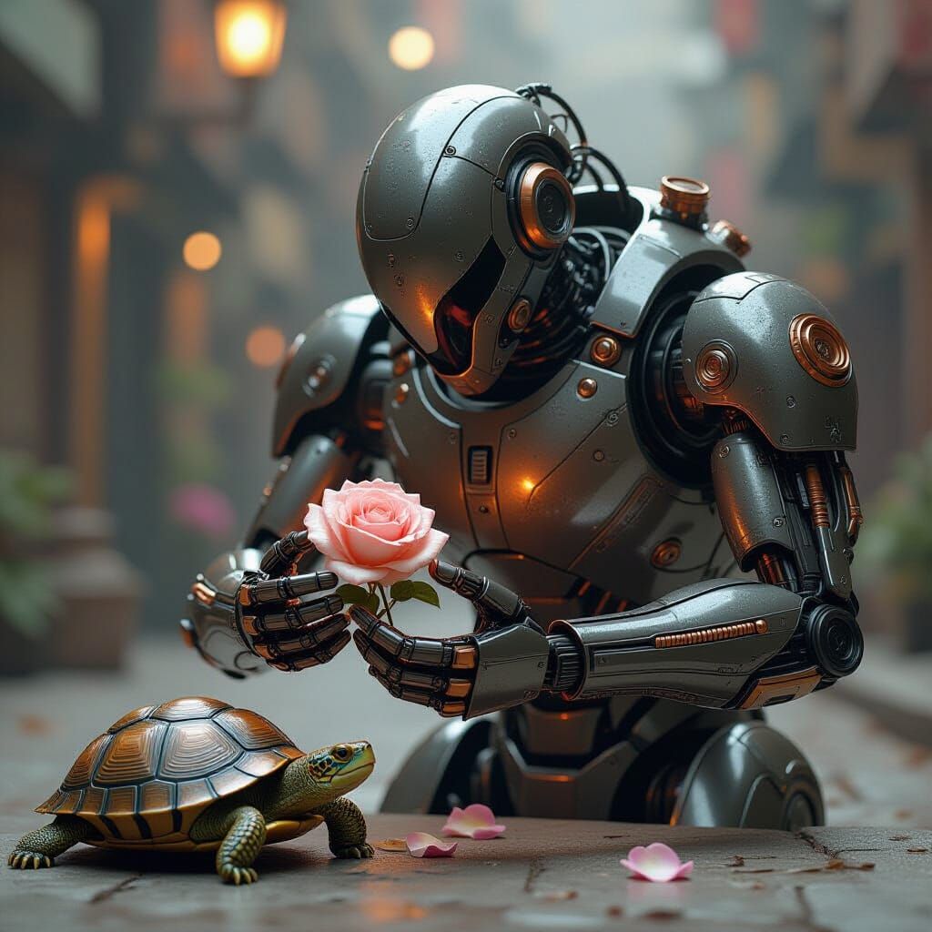 Mechanized Robot Offers Rose to Turtle in Dreamlike Scene