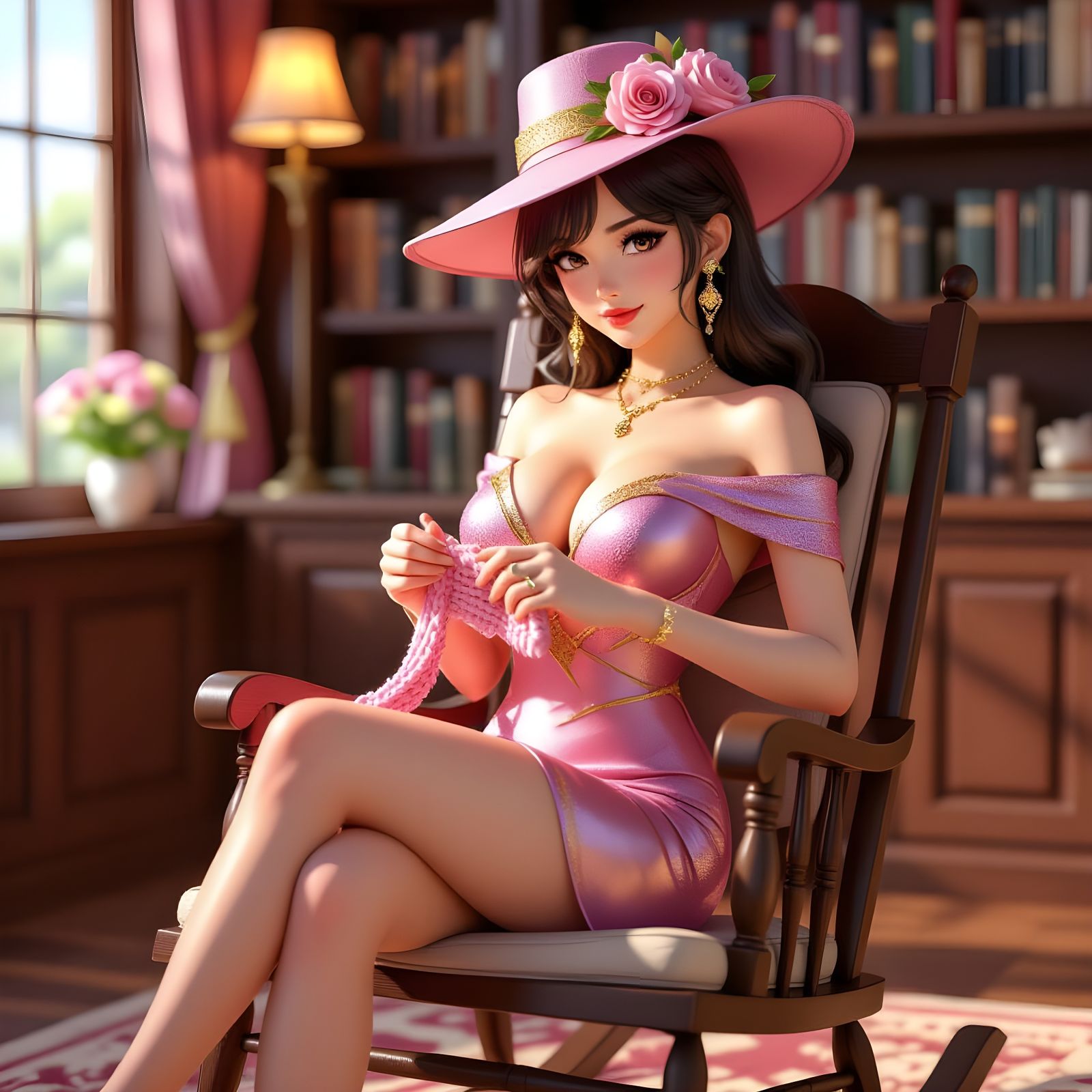 Woman in Pink Dress Knitting in Library