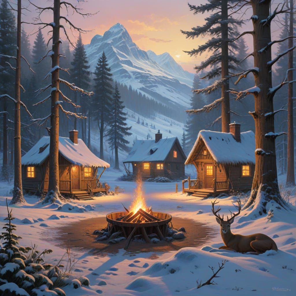Winter Wonderland Campsite with Animals Gathered Around the ...