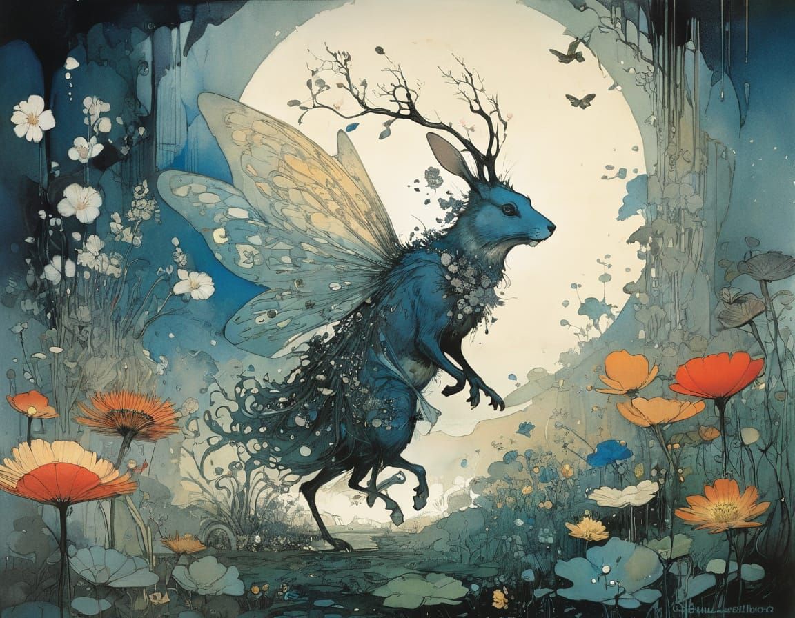 Magical Night Garden with Fairies in Detailed Illustration