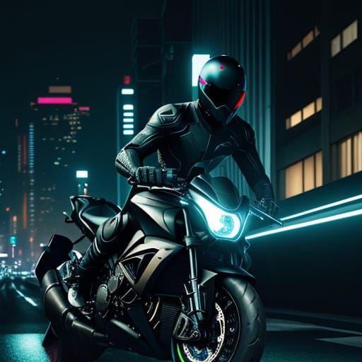 Futuristic Motorbike Rider in Neon Cityscape