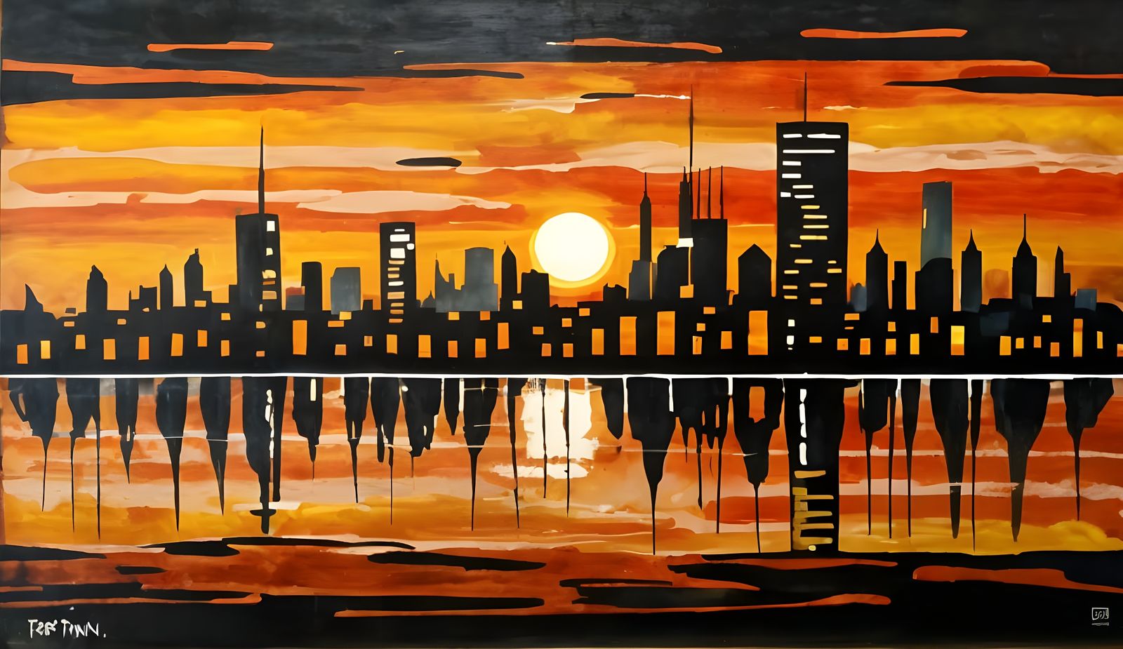 Abstract Sunset over 1960s Cityscape Oil Painting