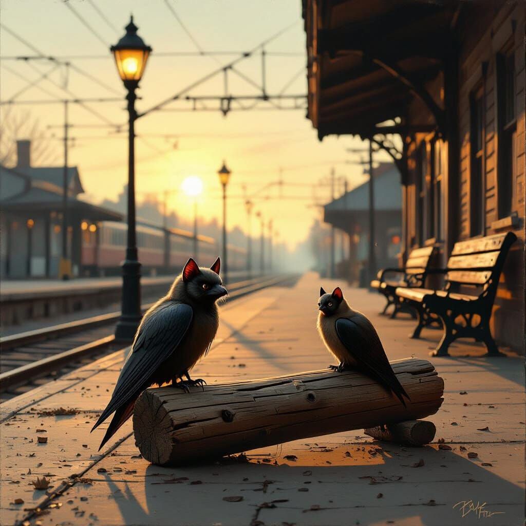 Bat on Log in Train Station at Sunset