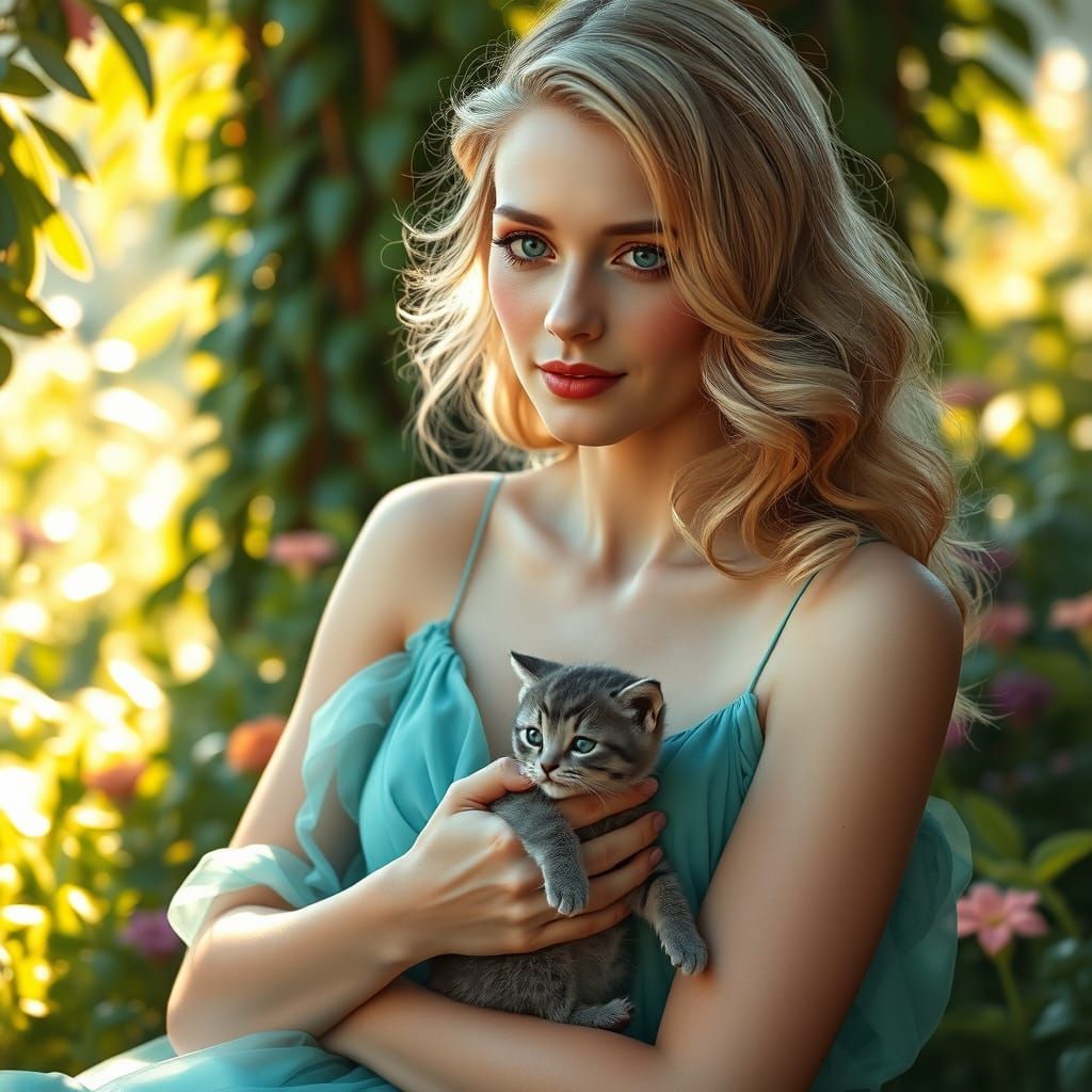 Elegant Art Nouveau Femme in Aquamarine Gown with Gentle Kit...