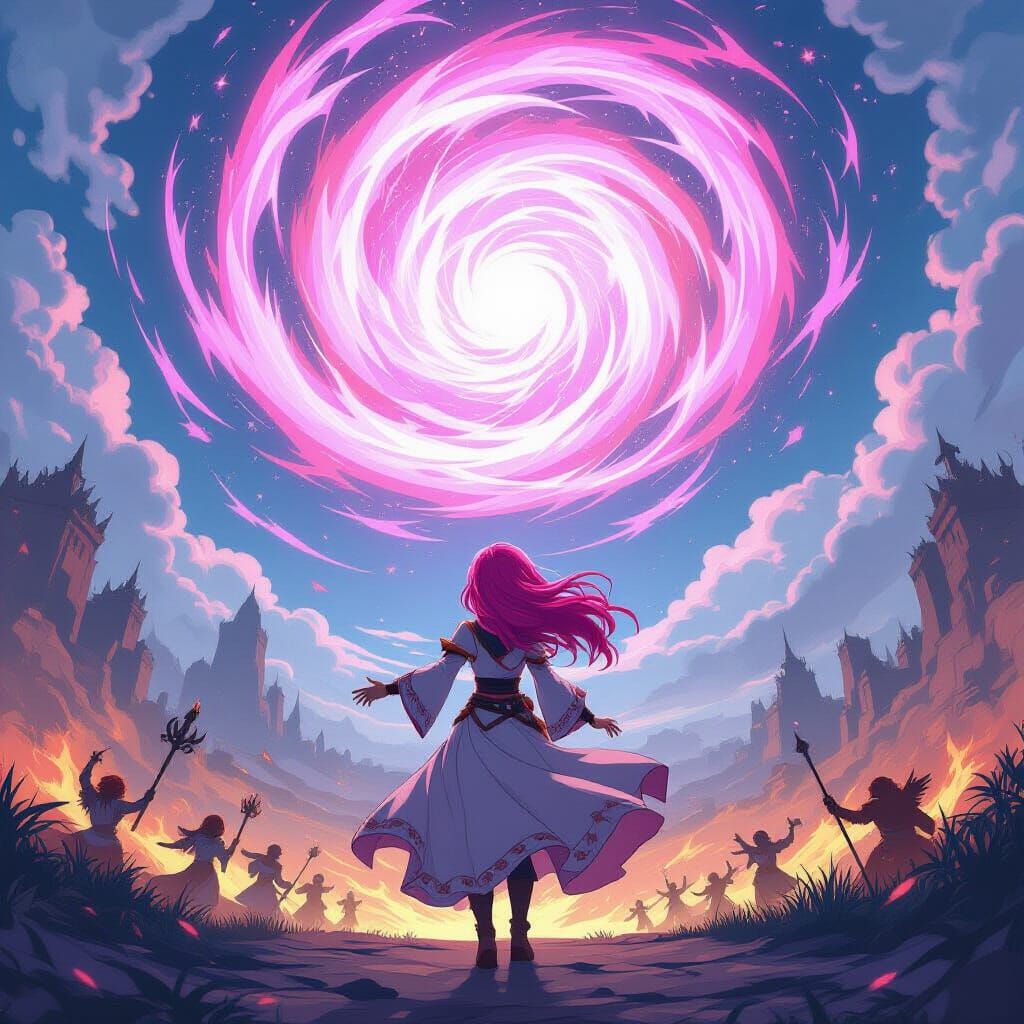 Anime Sorceress Conjures Magic Vortex Over Battlefield