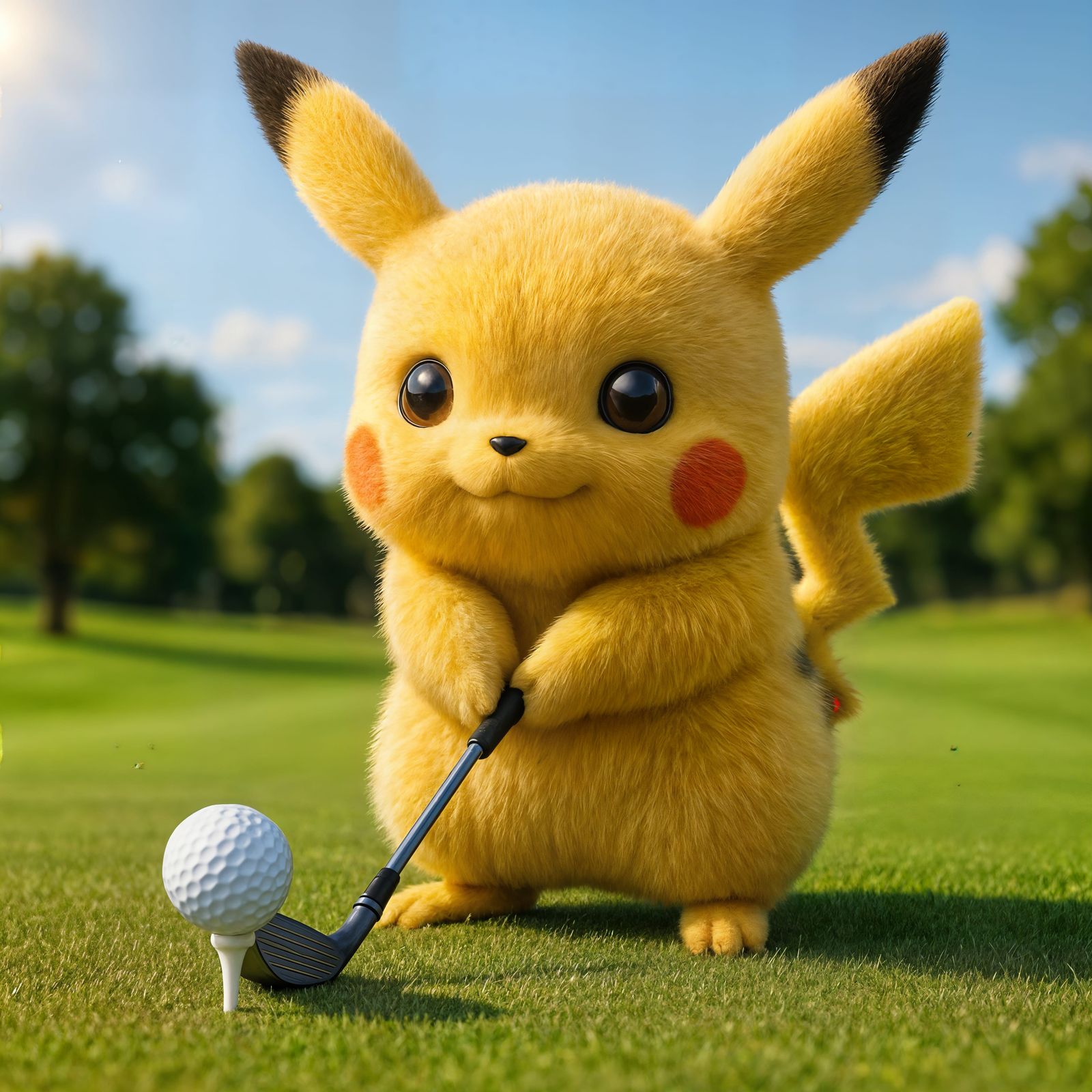 Realistic CGI Pikachu Golfing on Sunny Day
