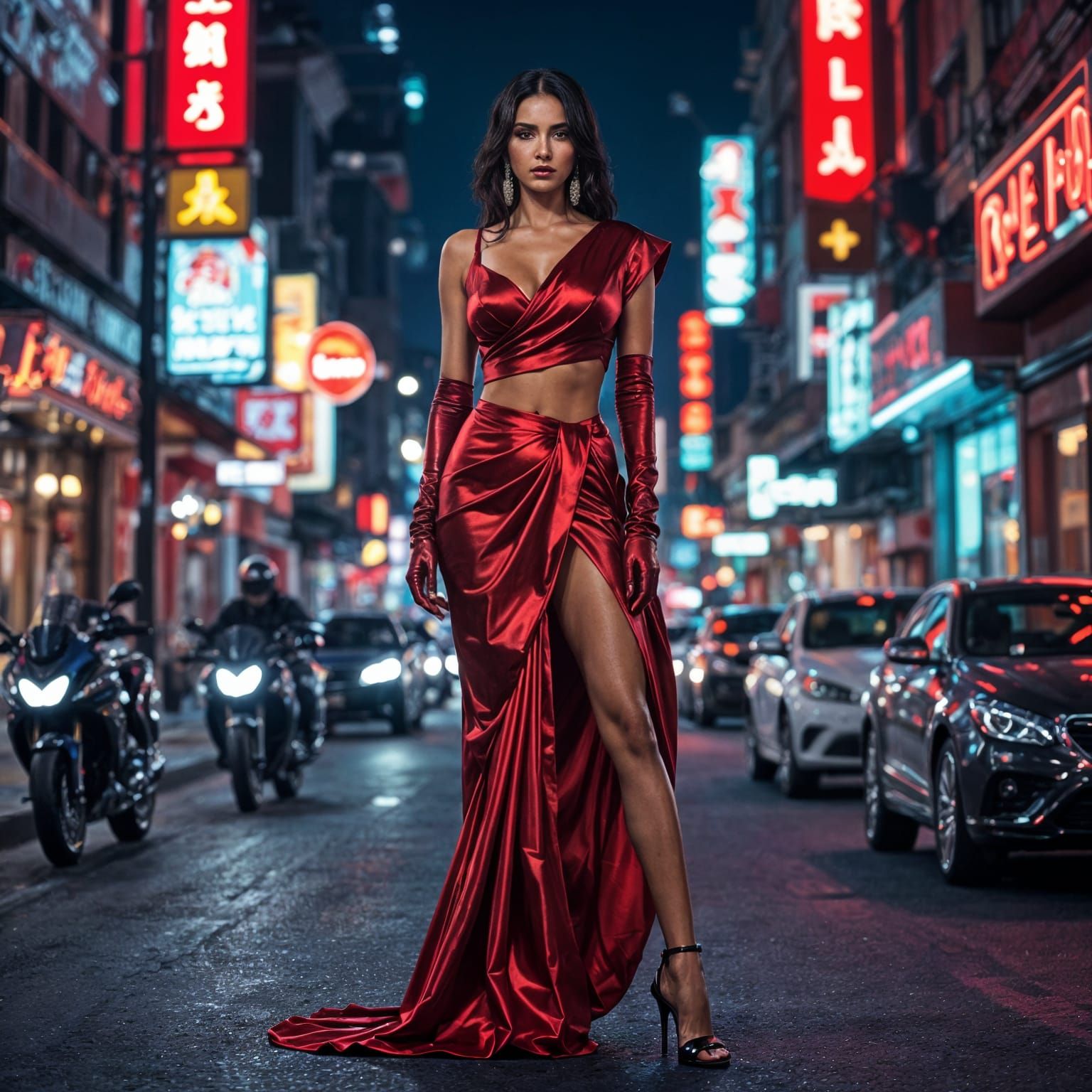 Corporate Domme in Red Saree on Neon Street