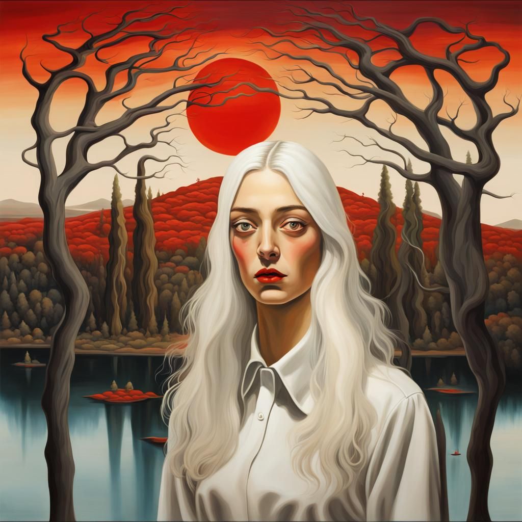 Surreal Woman with Red Eyes in Dream Landscape