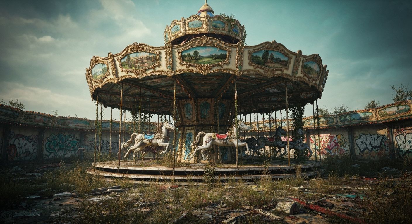 Abandoned Funfair Rides with Graffiti and Vines