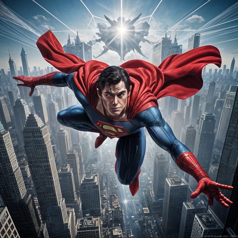 Surrealist Superman Flies Above a Futuristic Cityscape