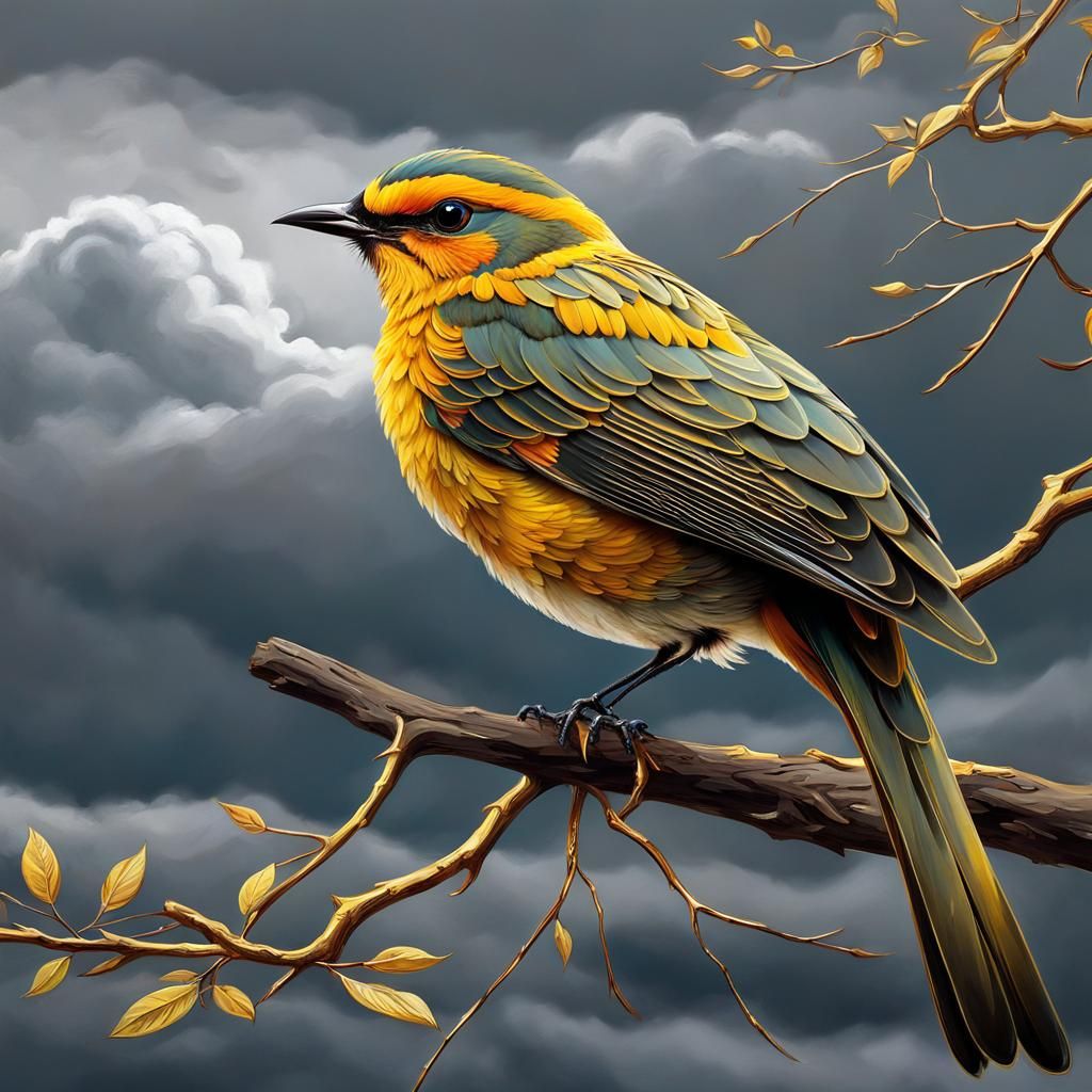 Golden Bird on Branch in Anime Style