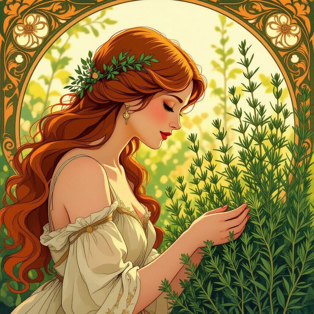Art Nouveau Woman with Rosemary Garden