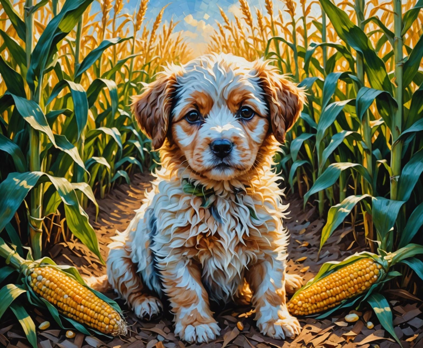 Fluffy Puppy in Luminous Corn Field, Impasto Oil Painting