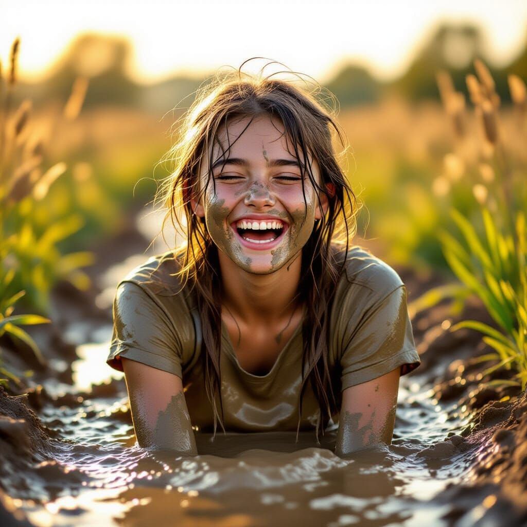 Joyful Girl Covered in Mud in Golden Hour Light