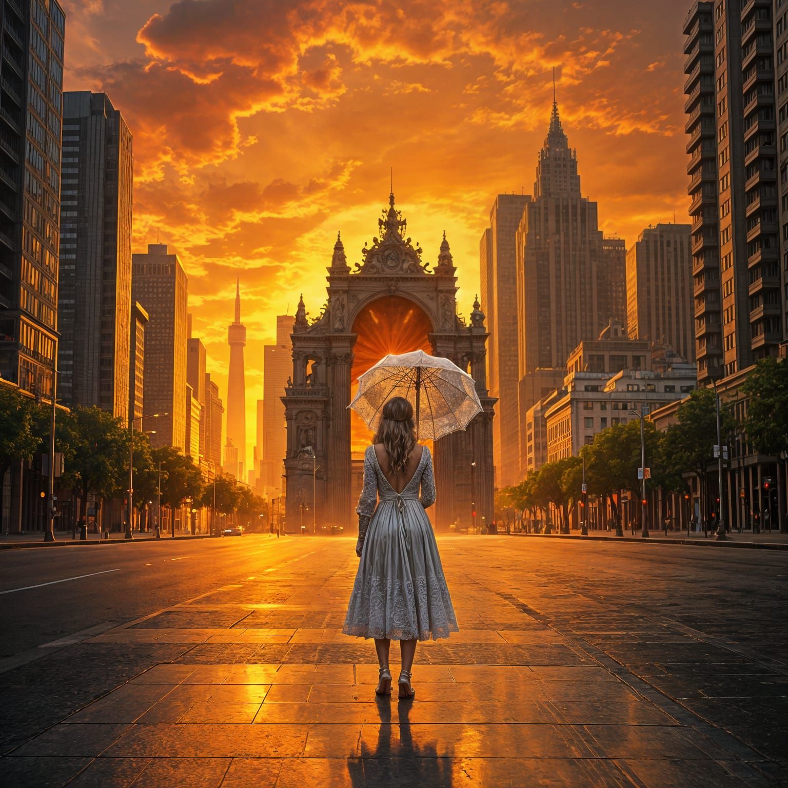 Dystopian Metropolis Over Tranquil Urban Sunset