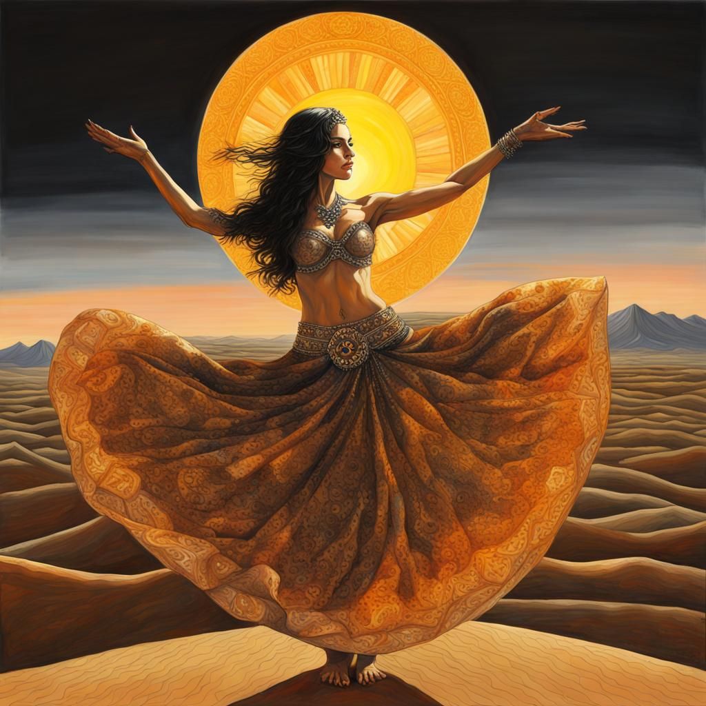 Bellydancer Silhouette at Desert Sunset Oil Painting