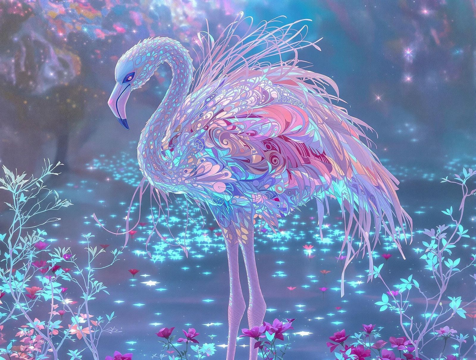 Ethereal Pink Flamingo Embodying Cosmic Jewelry