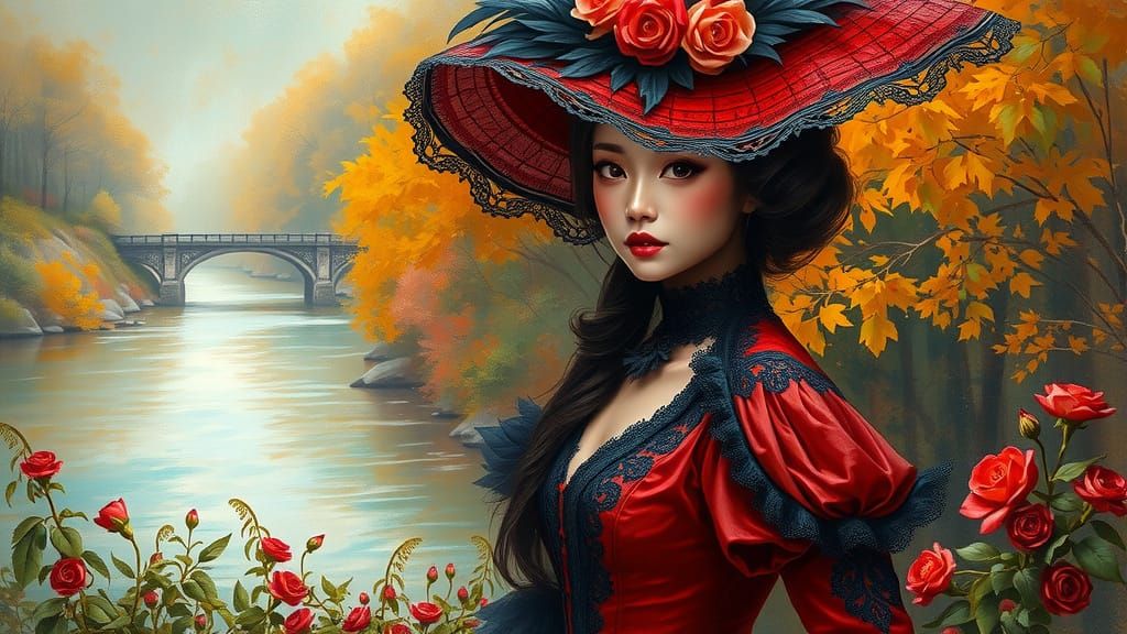 Victorian Woman in Autumnal Oil Painting