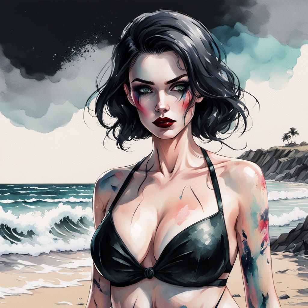 Gothic Pin-Up at the Beach in Comic Style