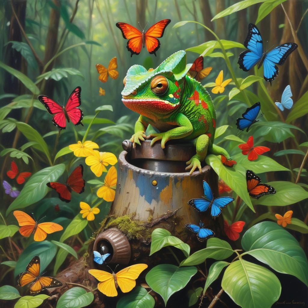 Chameleon in Thimble, Amazon Rainforest Oil Painting
