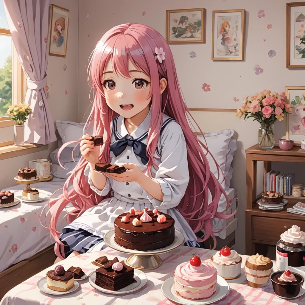 Pink-Haired Girl Eating Cake in Anime Style