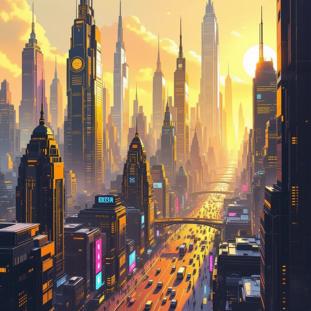 Vibrant Metropolis in Futuristic Neon and Watercolor Style