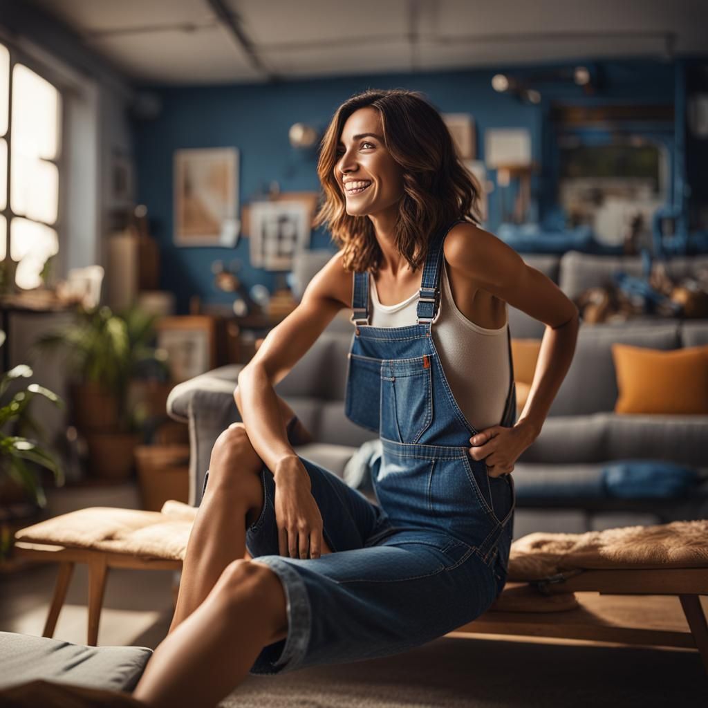 Woman in Overalls Portrait, Cinematic Photography Style