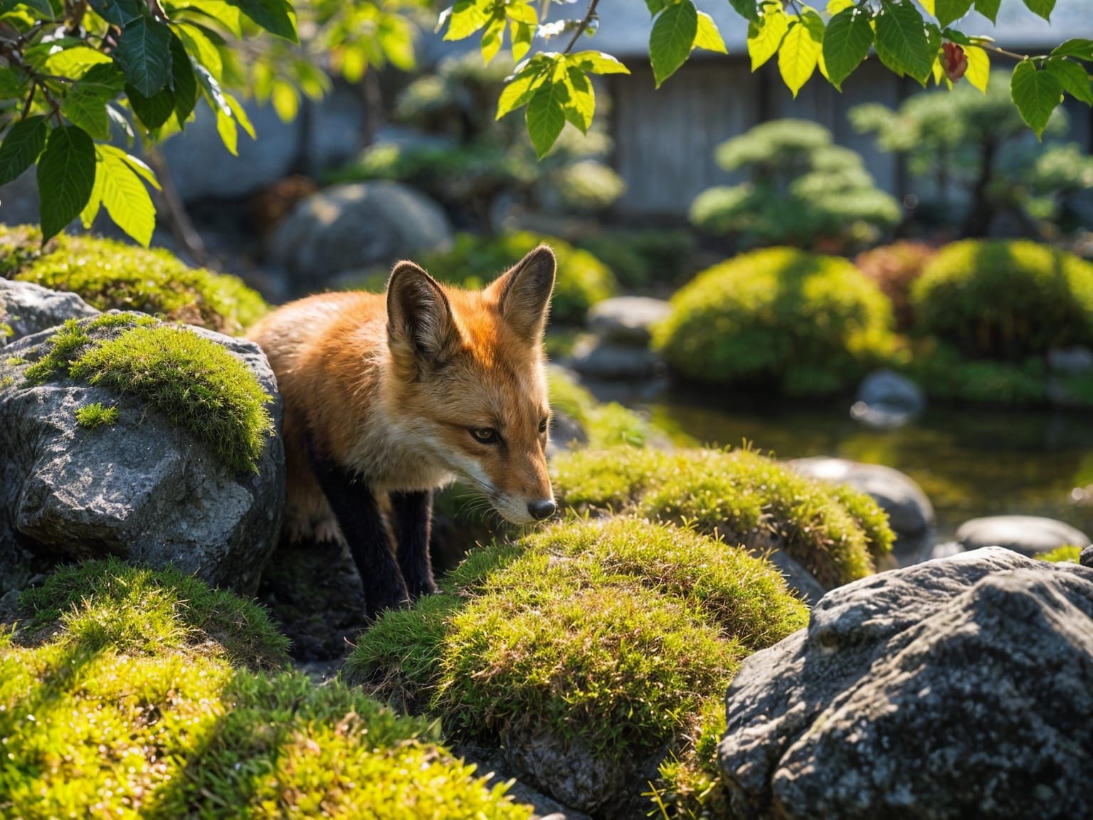 Fox in Japanese Garden: Rocks, Moss, and Dappled Light