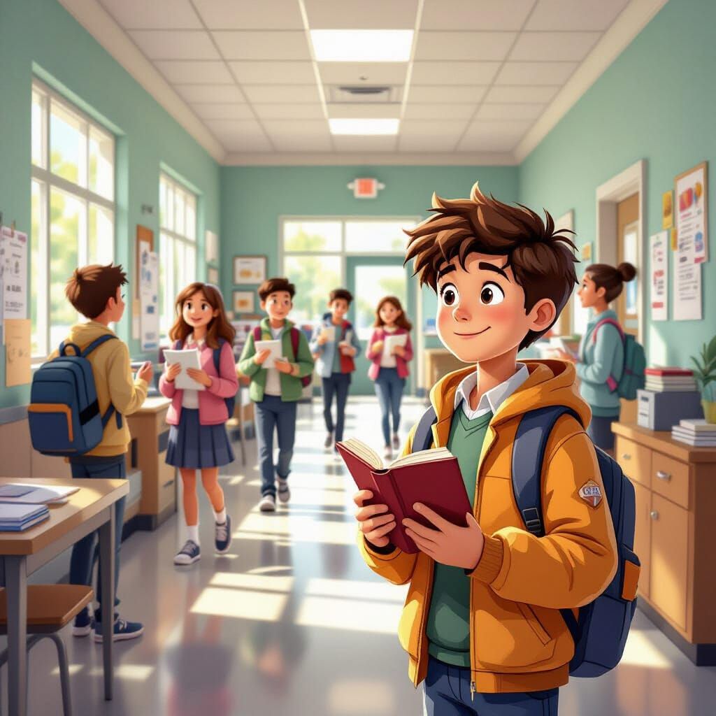 Middle School Mystery: Boy With Diary Explores Hallway