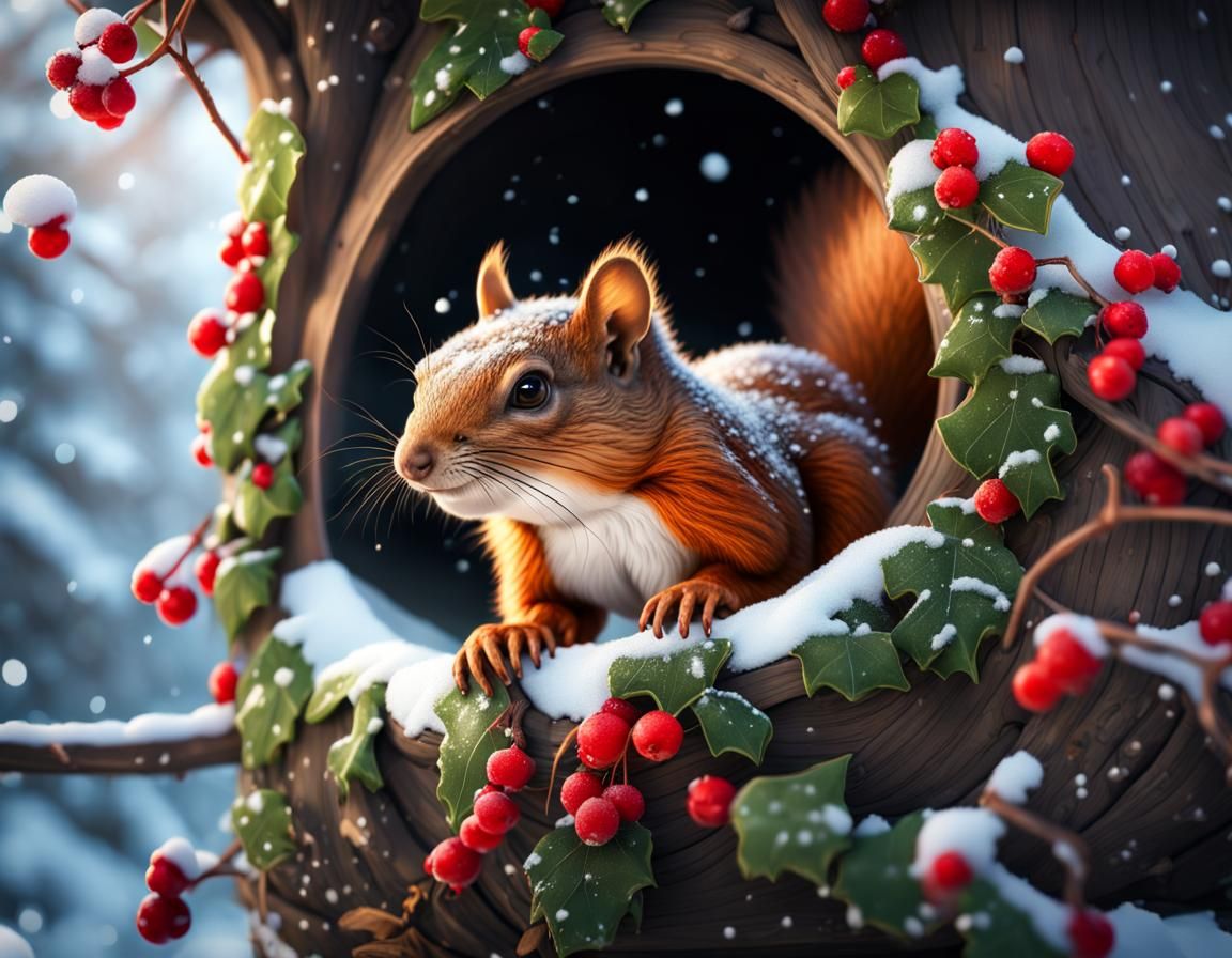 Cute Squirrel in Winter Treehouse: Hyperrealistic Portrait