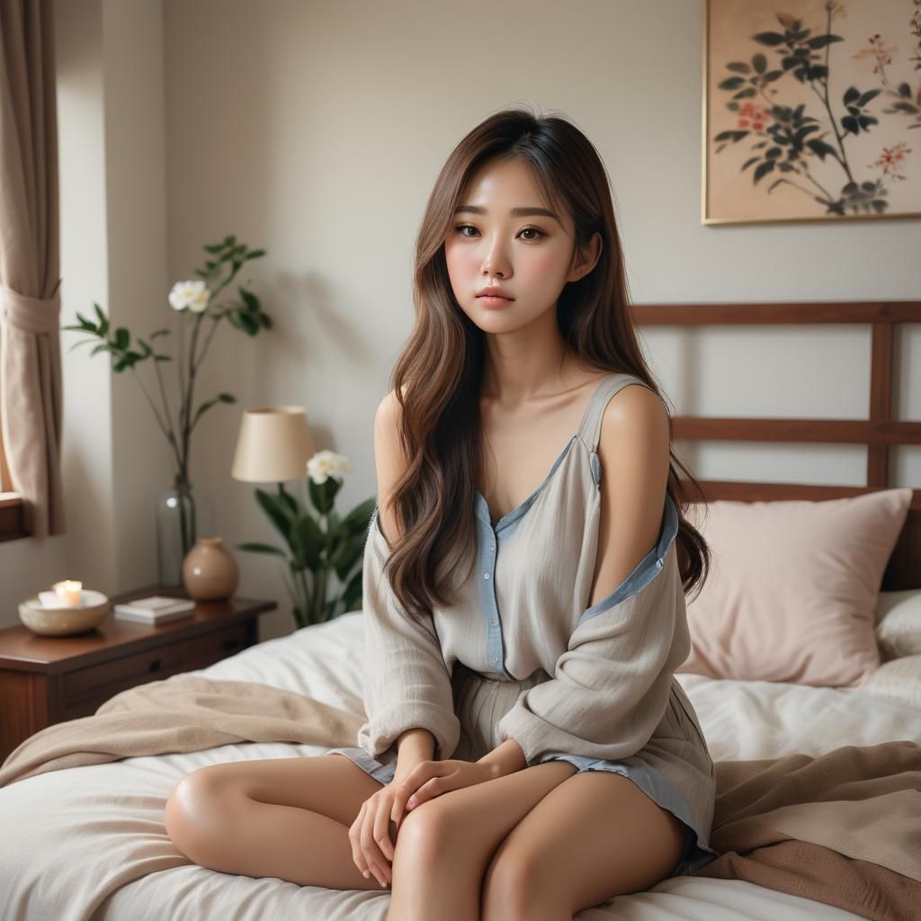 Contemplative Asian Girl in Cozy Bedroom, 3D Anime Art
