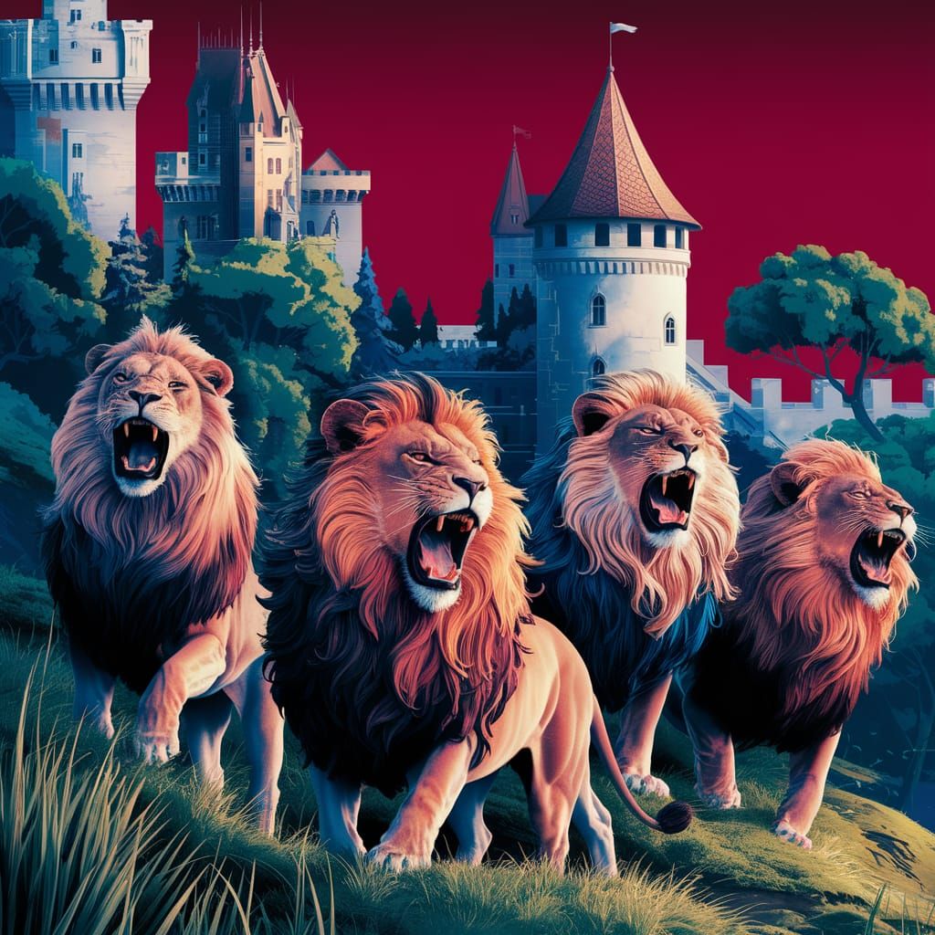 Fantastical Landscape with Roaring Golden Lions