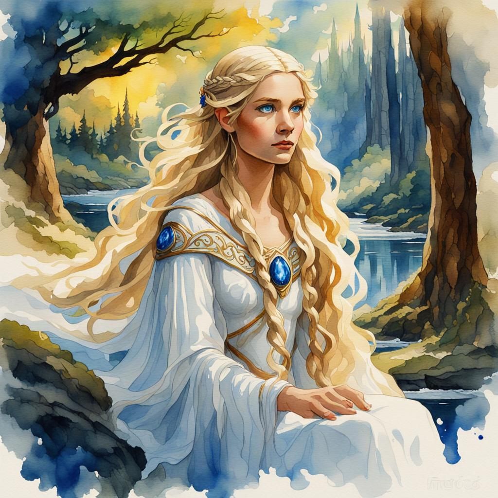 Elf Queen in White: Hildebrandt Brothers Style Watercolor
