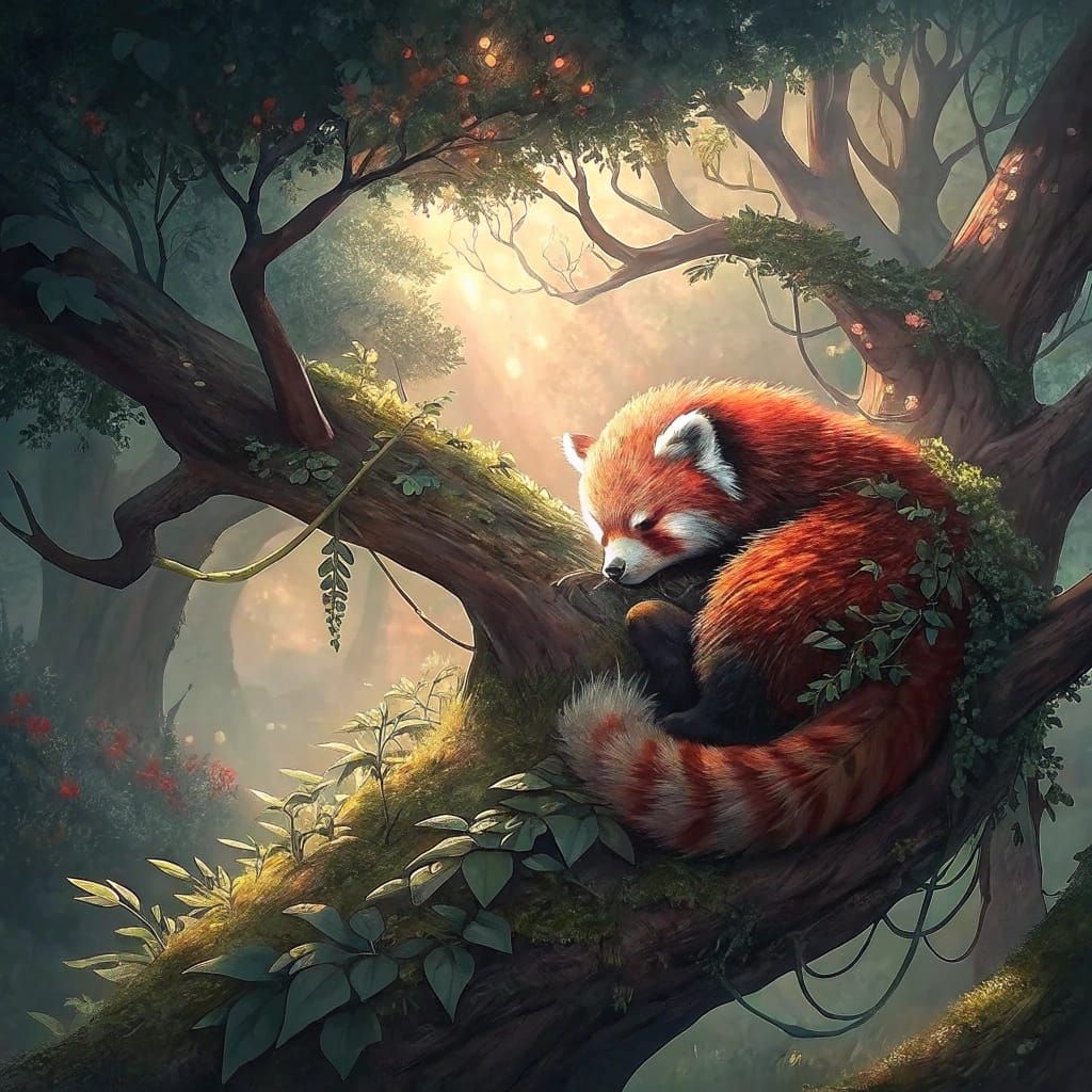 Enchanted Crimson Panda Amidst Ancient Tree