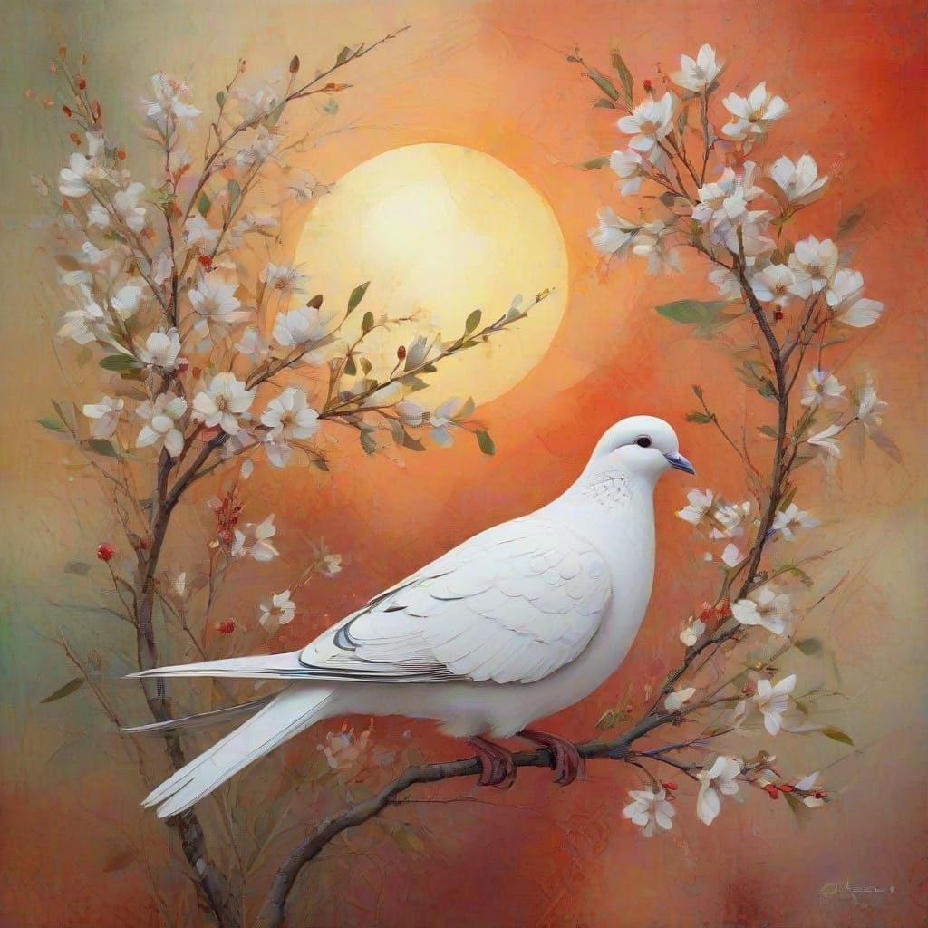 Whimsical Quantum Dove Sways with Olive Branch of Blossoms