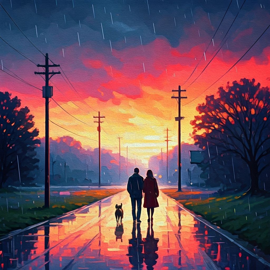 Couple Walks Dog on Rainy Sunset Road in Gouache Style