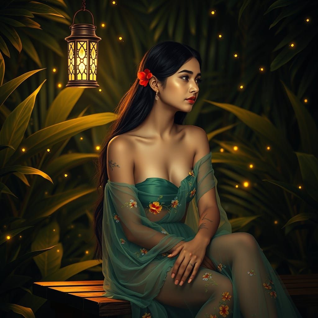 Ethereal East-Indian Goddess in Emerald Garden at Night