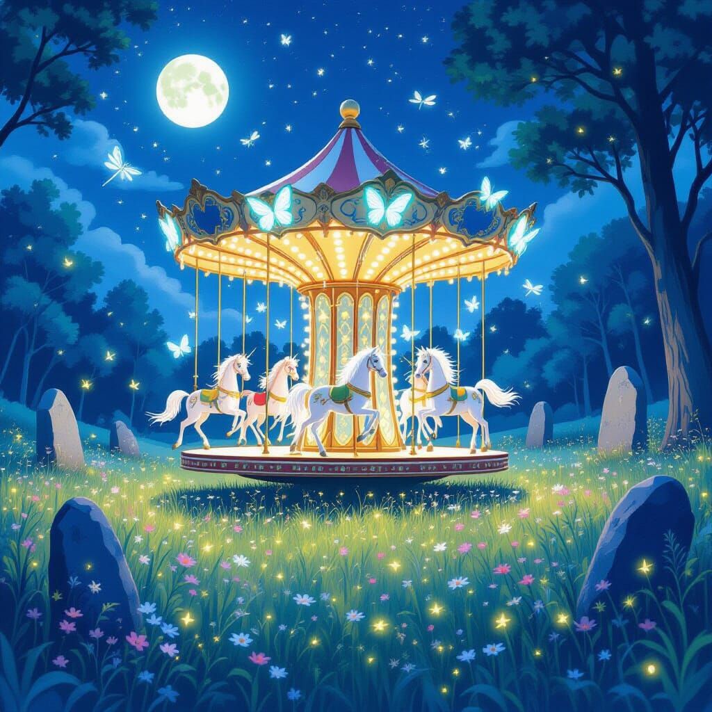 Magical Carousel of Butterflies in Moonlit Meadow