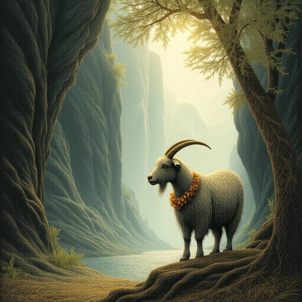 Majestic Goat Plans Ascent in Fine Line String Art Style