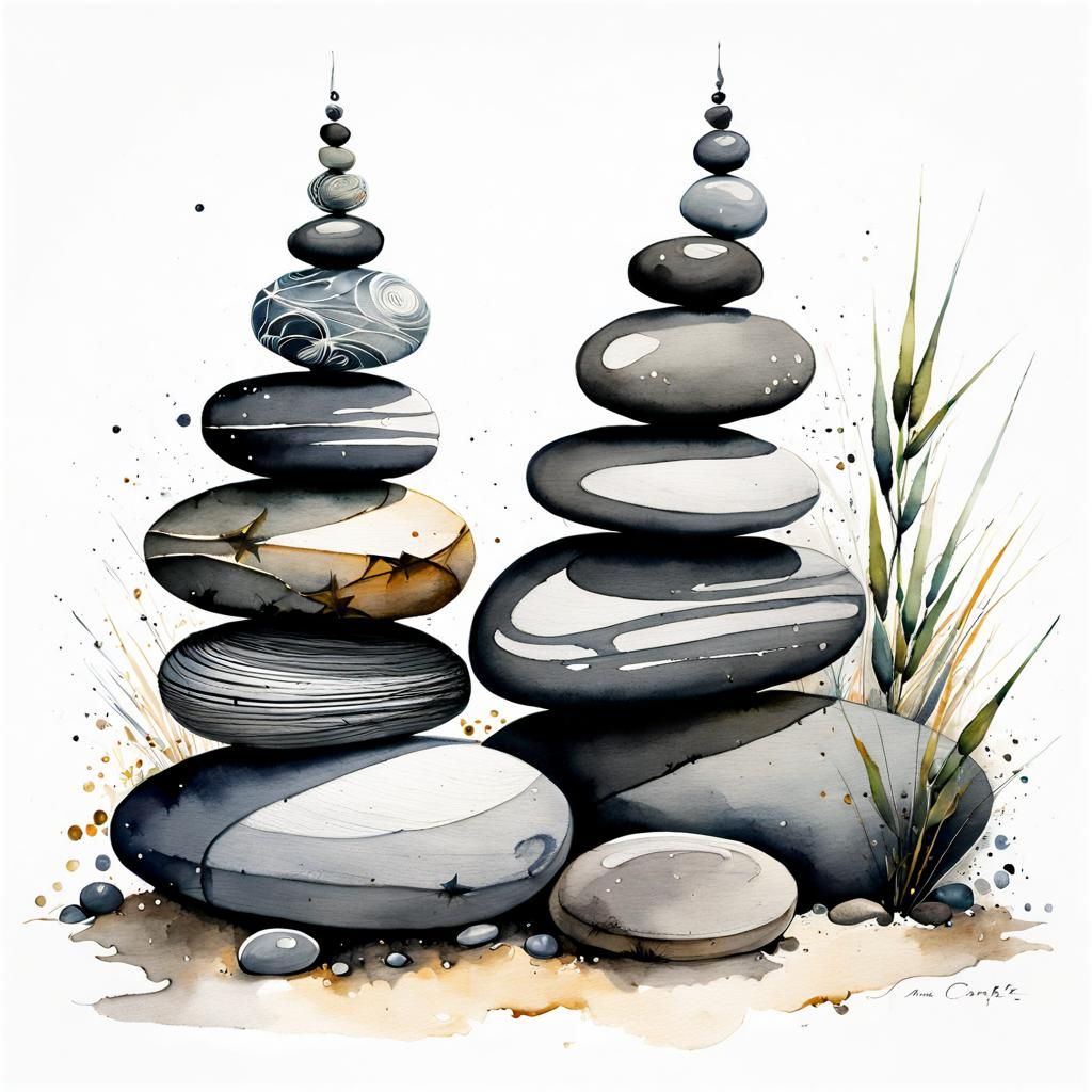 Zen Pebbles and Bamboo in Watercolor Style