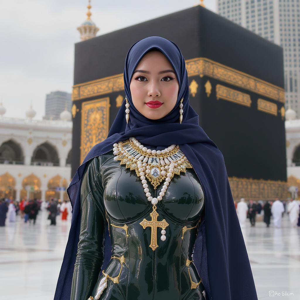 Futuristic Asian Woman at Ka'bah in Latex and Pearls