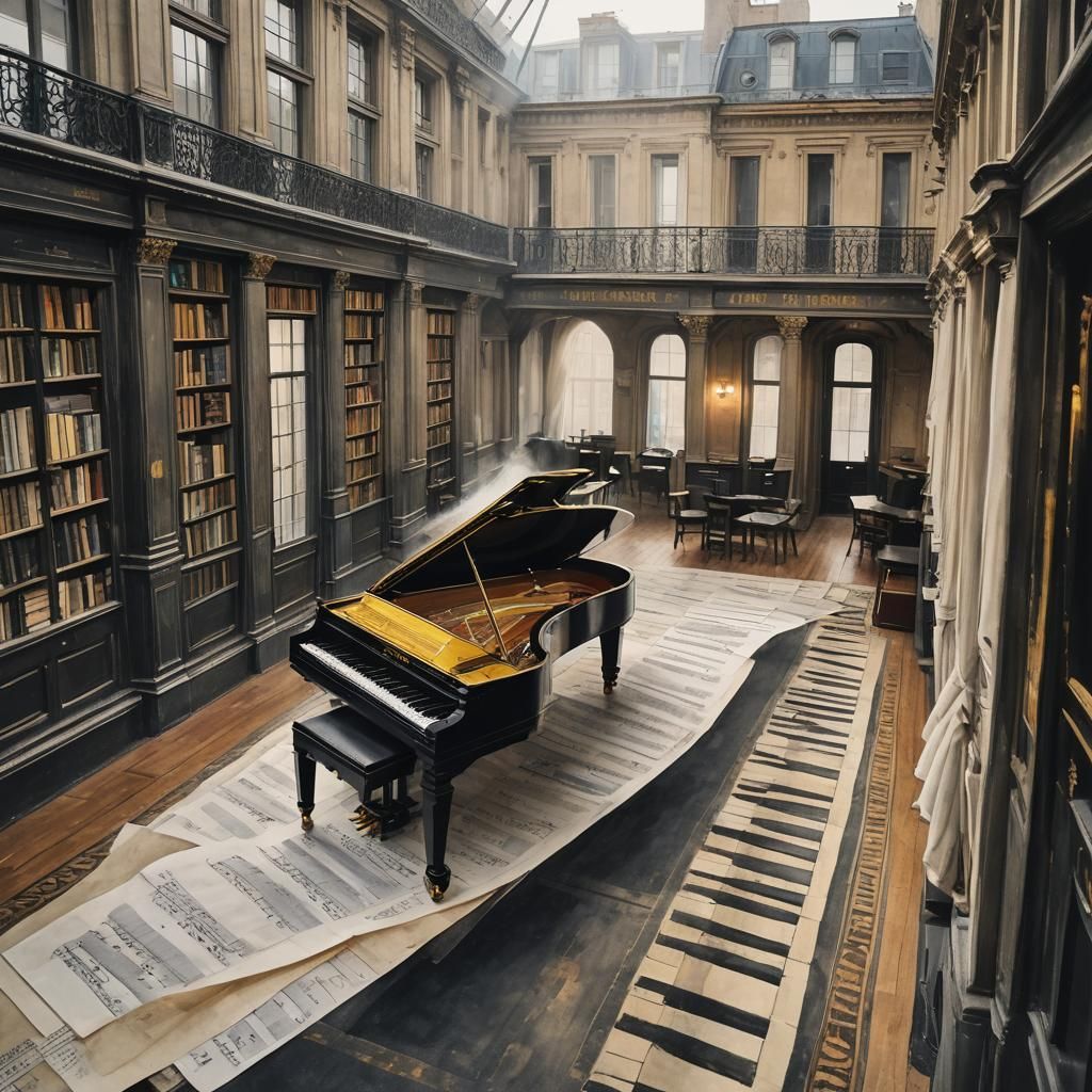 Sinister Piano Keys in Dusty Paris Library