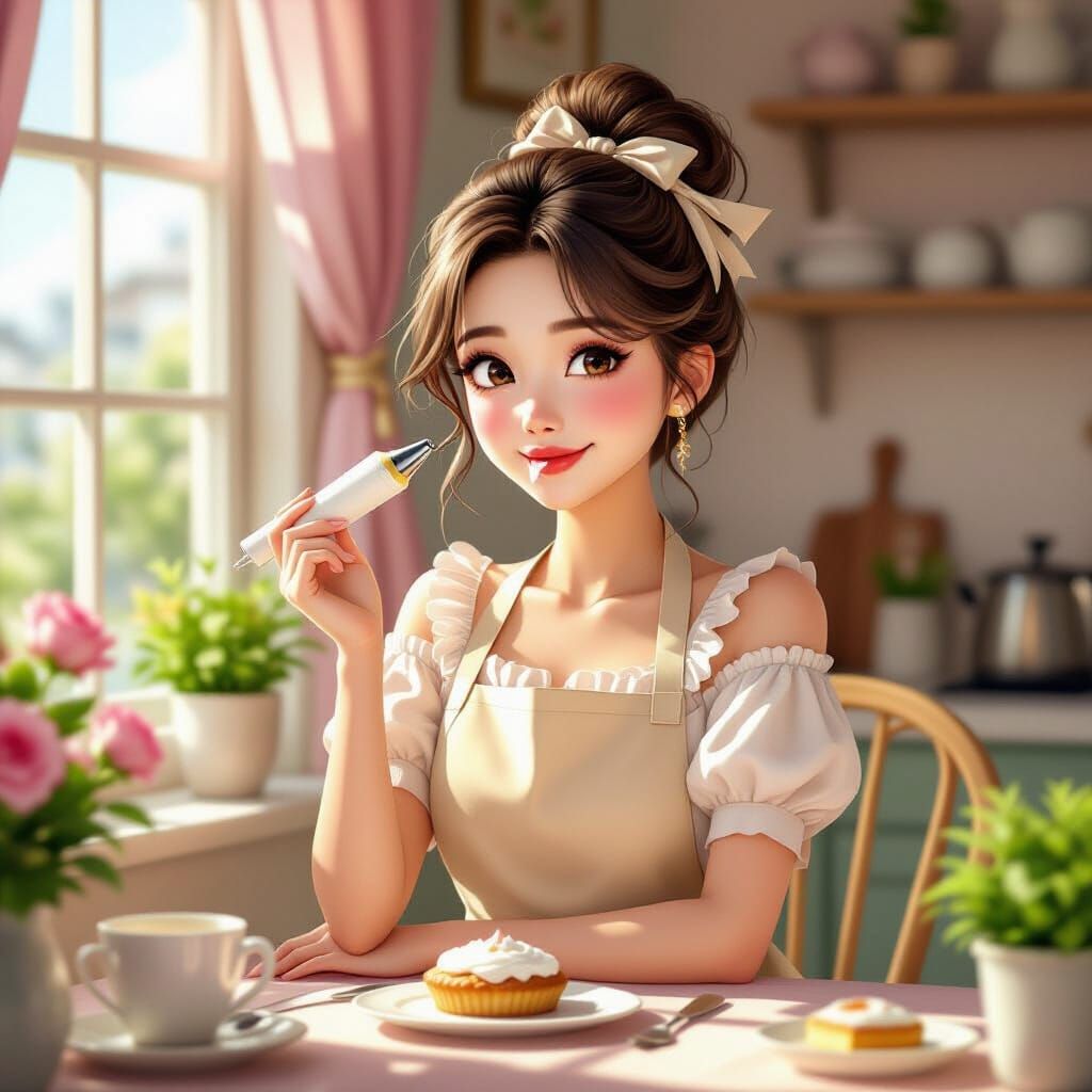 Asian Pastry Chef by Sunny Window in Vintage Apartment