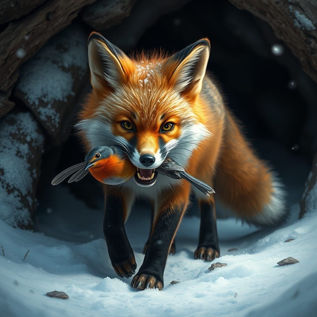 Fox with Robin in Winter Landscape Painting