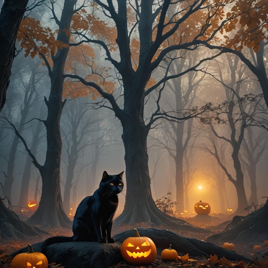 Regal Black Cat on Ancient Pumpkin in Eerie Forest